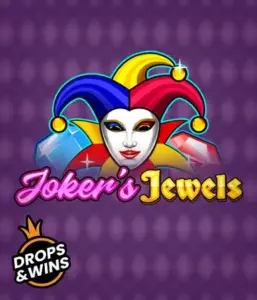 Discover the playful charm of Joker's Jewels slot by Pragmatic Play, showcasing a mesmerizing joker's mask decorated with a multicolored jester hat. This image captures the joyful spirit of classic slots, set against a purple background. Ideal for casino game enthusiasts, promising a entertaining gaming experience. 