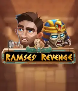 Dive into the ancient world of the Ramses' Revenge game by Relax Gaming, highlighting a frightened explorer and a fierce mummy amid an Egyptian tomb backdrop. This graphic captures the drama of ancient Egyptian myths, great for those interested in historical adventures, providing a captivating gaming experience. 